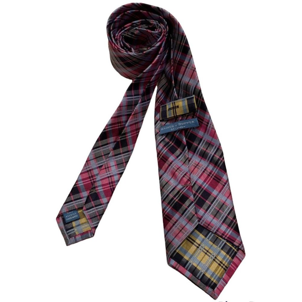 HAINES & BONNER Blue Plaids & Cheks Silk Tie HANDMADE 60"/ 3.5" EC